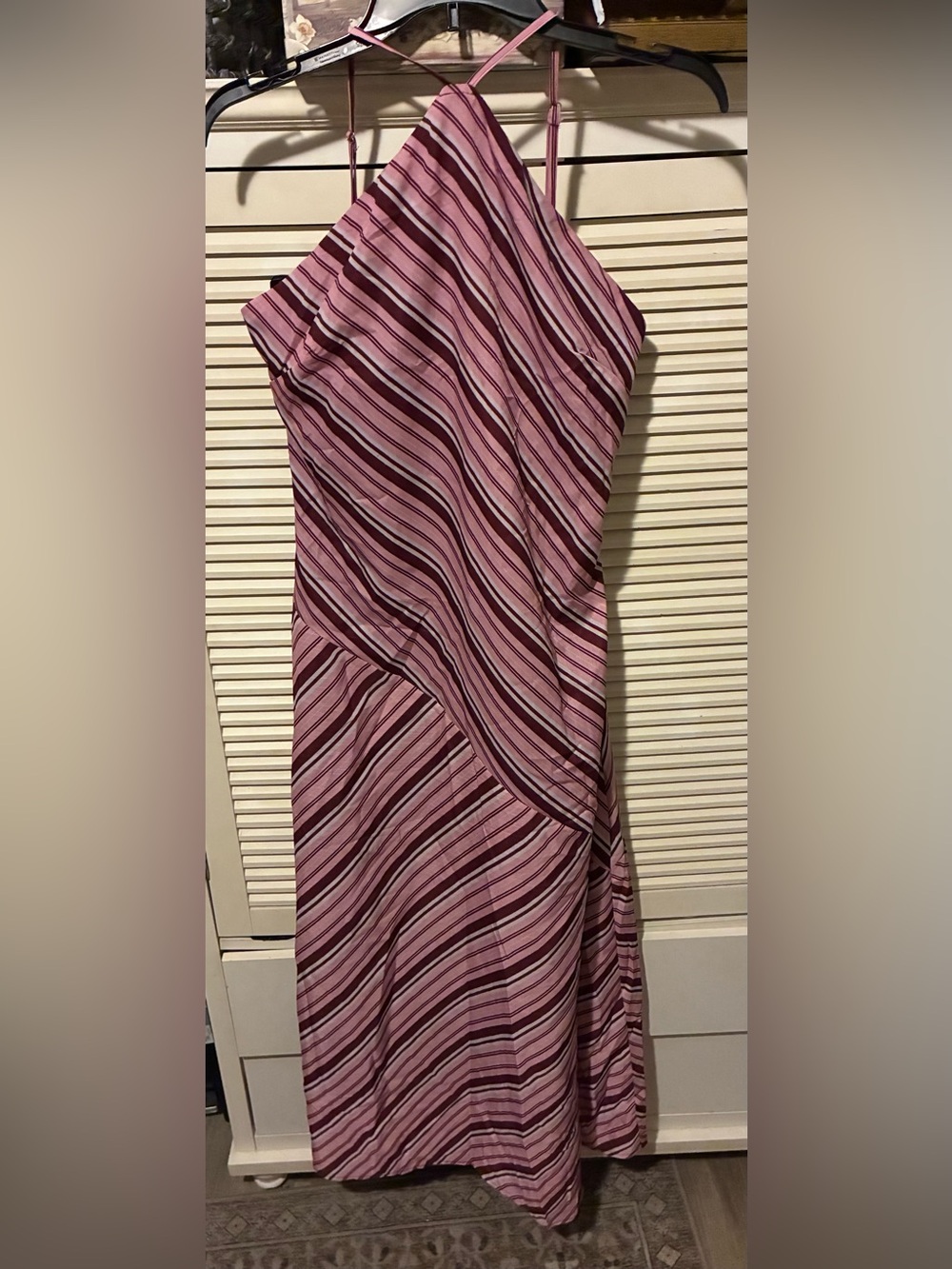Asymmetric Strappy Pink and Burgundy Striped Maxi Dress
